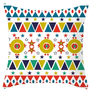 Close-up of colorful geometric star and triangle pattern on square peach skin pillowcase