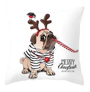 Detail of pug with reindeer antlers and candy cane on Christmas pillow cover