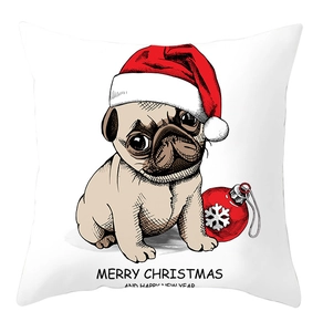 Detail of white Christmas pug pillowcase with festive red hat and snowflake ornament