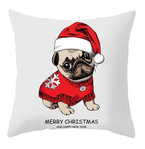 Detail of Christmas pug dog in red hat on a white festive holiday throw pillow cover