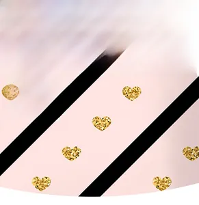 Detail of soft pink fabric featuring black diagonal stripes and gold sequin heart pattern