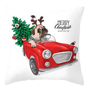 Detail of festive Christmas pillowcase with pug driving a red car and holiday decor