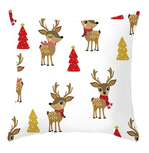 Detail showing the fine texture and cartoon Christmas dog pattern on the square pillowcase
