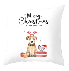 Detailed view of Christmas pillowcase featuring watercolor puppy and holiday patterns