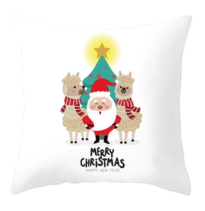 Detail of square Merry Christmas pillowcase featuring Santa, llamas, and a festive tree