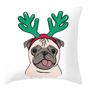 Detailed view of white festive pillow case featuring a cartoon Pug wearing reindeer antlers