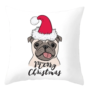 Detail of cartoon pug wearing Santa hat on a white decorative Christmas pillowcase
