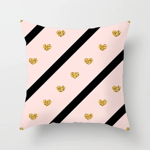Pink decorative pillowcase with black diagonal stripes and gold glitter hearts for home sofa