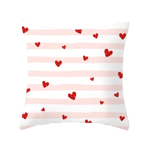 Minimalist white square pillow cover with pink stripes and red glitter heart patterns