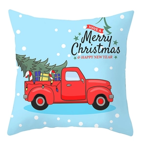 Close-up of festive Christmas dog car pillowcase with Merry Christmas text on blue base