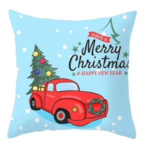 Close-up of Christmas dog car pattern on light blue festive throw pillow case