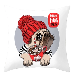 Detailed close-up of Merry Pug Party pillow cover featuring cute dog in festive knit hat