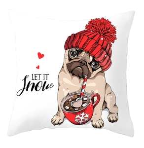 Close-up of Christmas Pug pillowcase with Let It Snow text and knit hat graphic