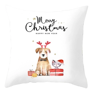Christmas dog and cat pillow cover with Merry Christmas watercolor art on white background