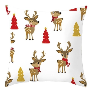 Christmas cushion cover with festive reindeer and tree patterns on white fabric
