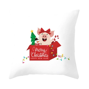 Christmas pillowcase with cute cartoon pig in gift box and festive holiday decorations