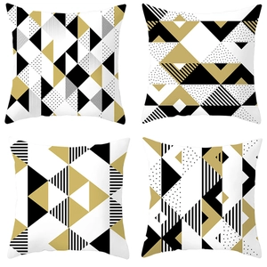 Set of 4 modern geometric peach skin pillow covers in black white and gold patterns