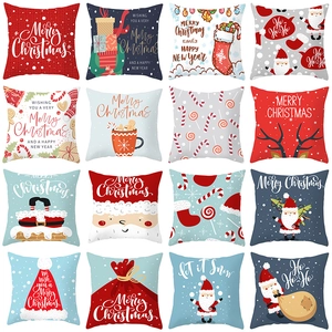 Christmas Santa Claus Elk Peach Skin Pillowcase Cartoon Printed Cushion Cover Festive Home Sofa Decor Throw Pillow Cover
