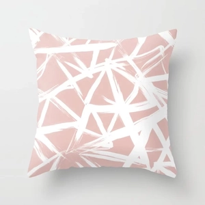 Pink minimalist cushion cover with artistic white geometric lines on a square pillowcase