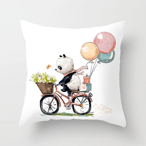 Cute cartoon panda riding a bike with flowers and balloons on a white pillow cover