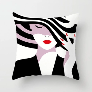 Detail of canvas pillowcase featuring minimalist fashion illustration with bold red accents