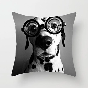 Close-up of square pillowcase featuring a humorous Dalmatian dog with glasses print