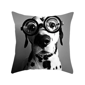 Modern black and white dalmatian portrait pillow cover featuring round glasses