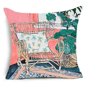 Linen pillow cover with abstract oil painting of a cozy room and monstera plants