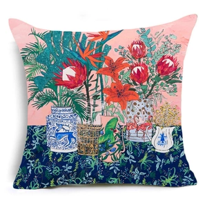 Detail of artistic floral linen pillowcase with protea, flamingo, and porcelain pattern