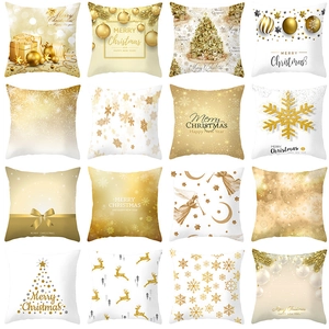 Christmas Gold White Snowflake Reindeer Angel Print Pillow Cover Peach Skin Polyester Square Cushion Case For Home Sofa Decor