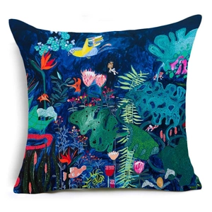 Detailed view of square linen pillowcase with tropical flora and fauna art illustration