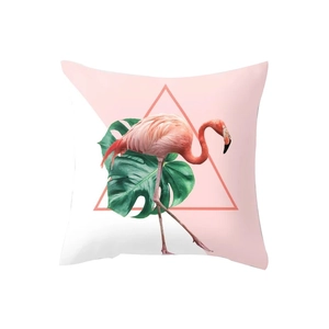 Housse de coussin carrée flamant rose avec feuille de monstera et motif triangle géométrique