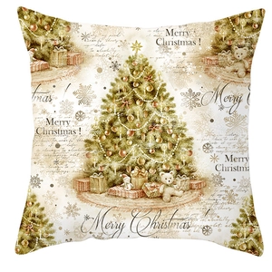 Golden snowflake peach skin pillow case with vintage Christmas tree and teddy bear design