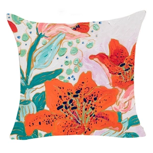 Modern abstract oil painting floral linen cushion cover featuring orange lily flower