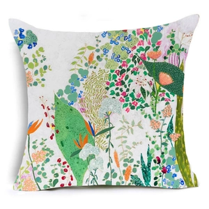 Modern abstract floral linen pillow cover with colorful plant illustrations on white base