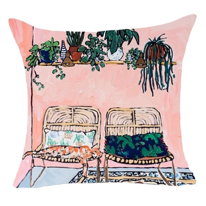 Modern abstract oil painting linen pillow cover with cozy cat and plants illustration