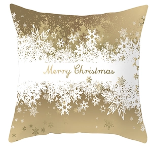 Macro detail of Christmas peach skin pillowcase with golden snowflake and Merry Christmas text
