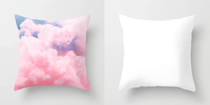 Detail view of pink sky cloud pattern and white peach skin pillow covers set