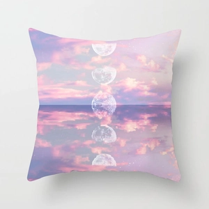 Detail view of pink sky peach skin pillowcase with moon phases and symmetry pattern