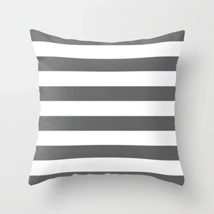 Detail of grey and white horizontal striped peach skin pillowcase with neat stitching