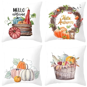 Lot de quatre housses de coussin automne avec citrouilles aquarelle et Hello Autumn