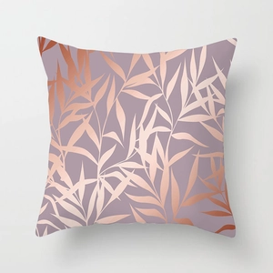 Modern square lilac pillowcase with rose gold metallic plant leaf pattern on white background