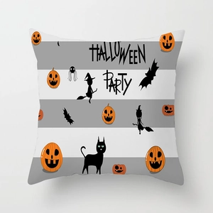 Halloween party pillowcase featuring festive cartoon icons on grey and white striped fabric