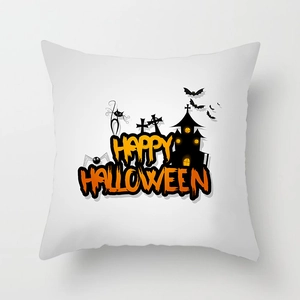 Square peach skin pillowcase with Happy Halloween theme featuring black cat and bats