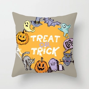 Halloween peach skin pillowcase with spooky pumpkin, ghost and bat prints on white background