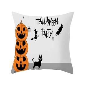 Halloween Party peach skin pillowcase with pumpkins and black cat on white background