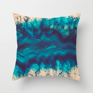 Nordic square throw pillow cover with blue marble pattern on soft peach skin fabric