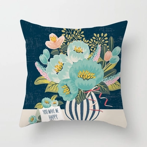 Detailed view of hand-painted floral cushion cover with You Make Me Happy text tag
