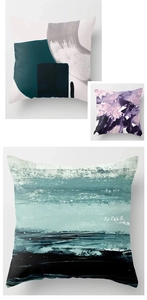 Close-up of abstract geometric oil painting cushion covers in blue and purple tones