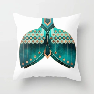 Detailed pattern of teal and bronze mermaid scales on square peach skin pillowcase